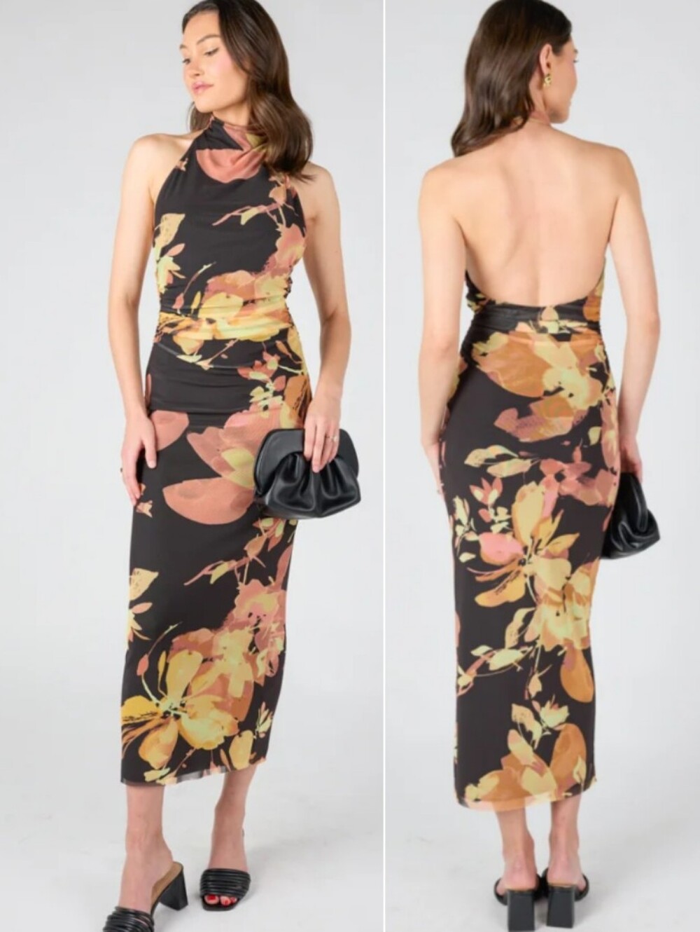Fore Floral Halter Maxi Dress - Black with Peach & Yellow. SIZE S